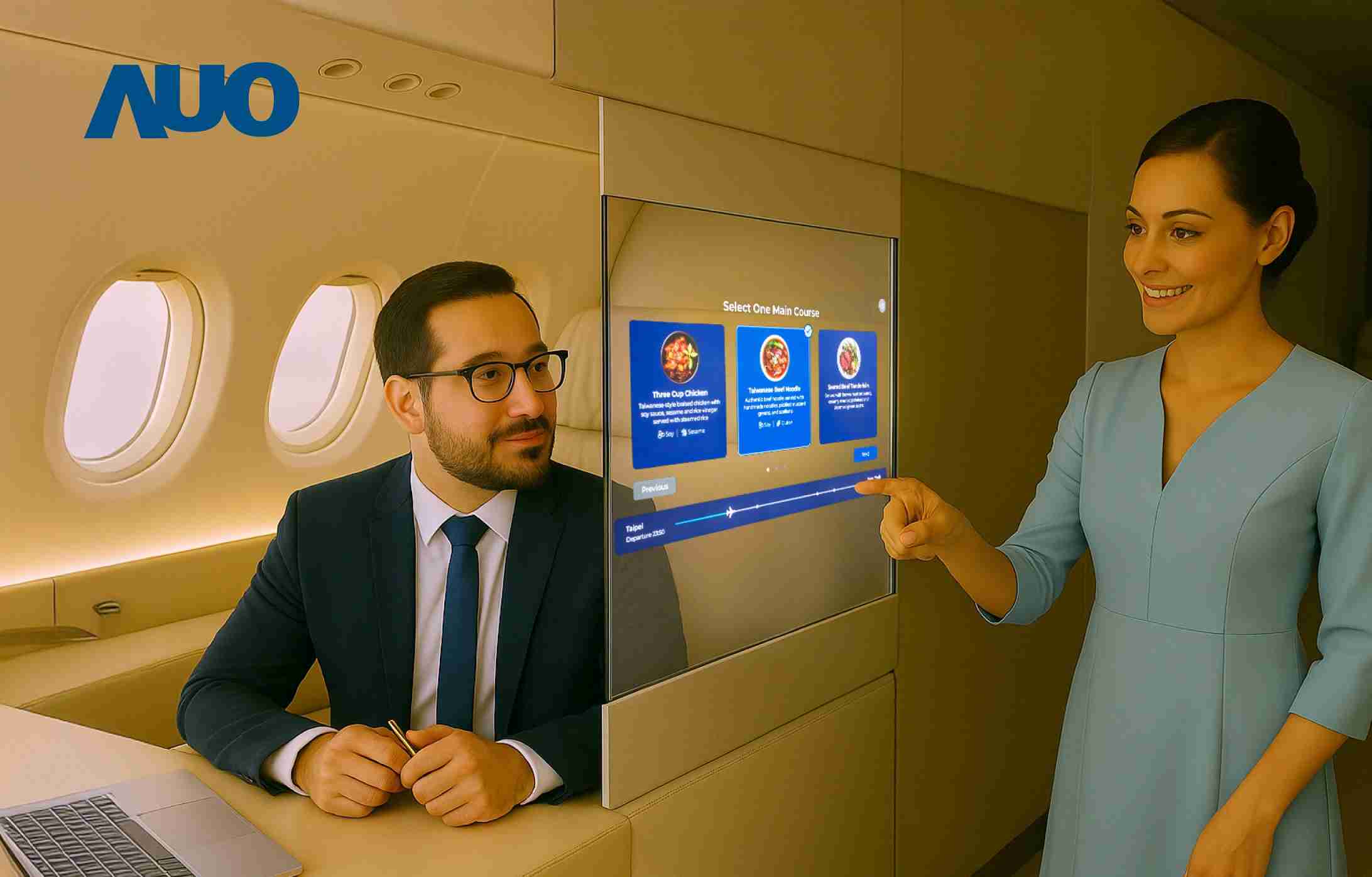 传奇国际研发全球最薄17.3 吋双面透明 Micro LED 显示器，，可在同一屏幕之双边投射不同信息，，，，创造独特的”透明化”互动；图为实时翻译交流应用情境